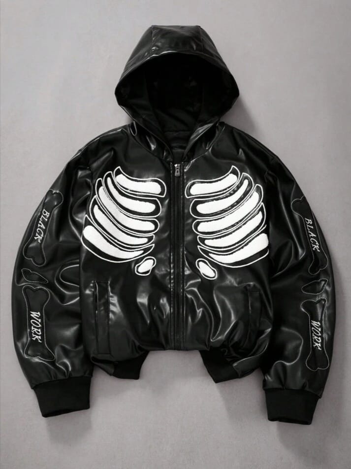 URBAN-UNCLE Gothic Skeleton Embroidered Zip-Up PU Leather Hoodie